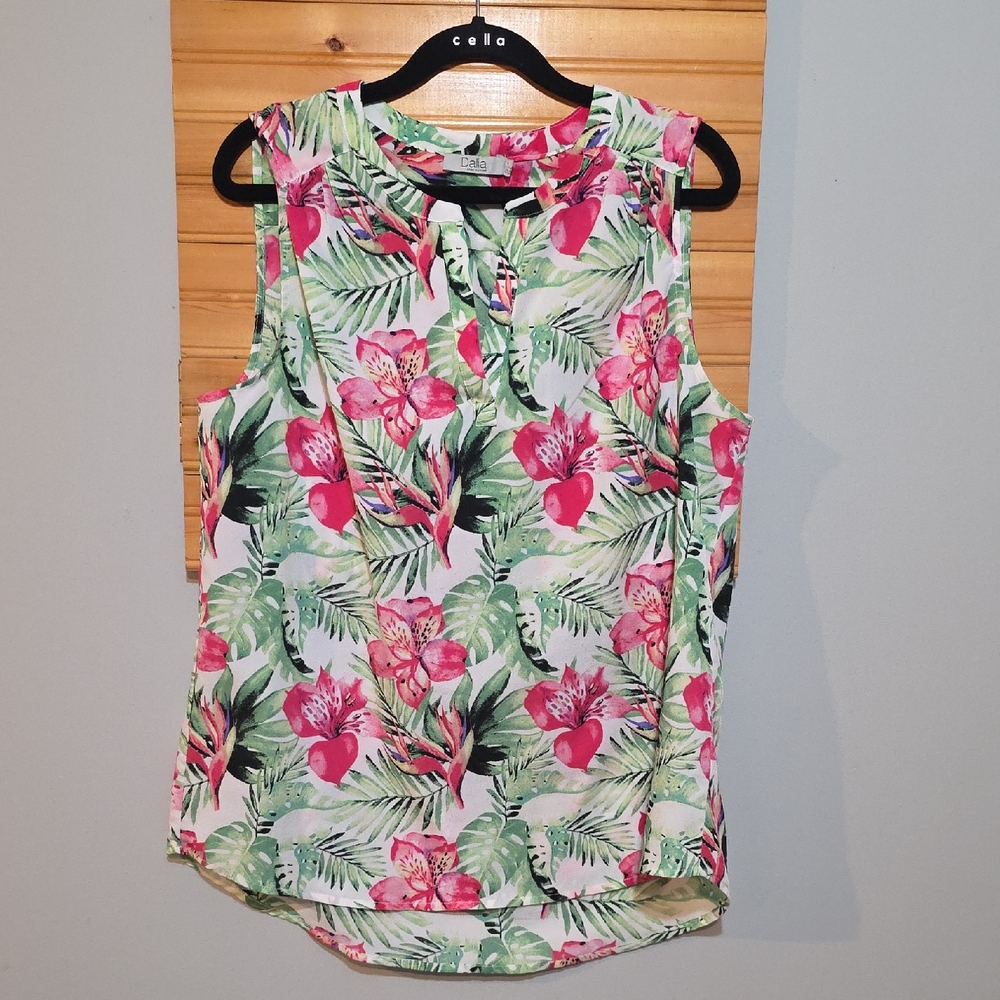 Dalia Tropical Floral Sleeveless Top Women's 10/12 Pink Green‎ Resort EUC